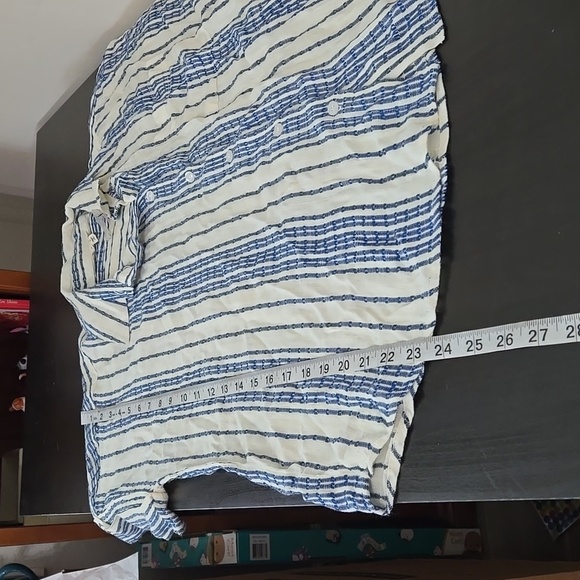 En Creme Women's Beige & Blue Striped Blouse Button Front Collar Top Size Small - Picture 13 of 13